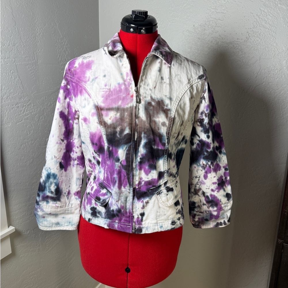 French Cuff White and Purple Tie Dye Zip Front Jacket 100% Cotton Size M
